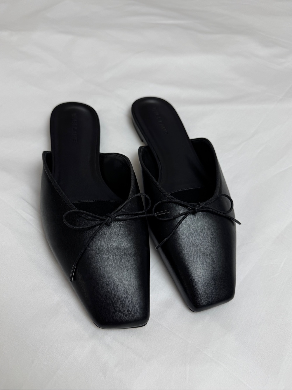 Everlane Black Leather Ballet Mule Flats Size 9 Minimalist Square Toe Bow - Picture 4 of 13